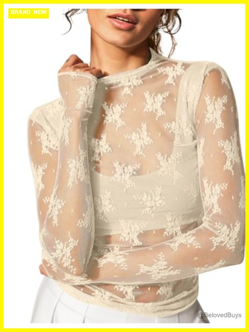 Sheer Mesh Long Sleeve Floral Lace Crop Top Mock Neck See Through